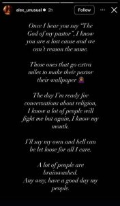 BBNaija Star Alex Unusual Say Dem Don Brainwash People Wey Dey Hail Pastor Too Much